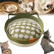 Cutypet Cat Basket, Cotton Rope Woven Cat Bed Basket, Rope Round Kitty Nest with Built-in Scratching Pad and Play Ball for Kittys and Dogs All-Season (Green with Padding,Large)