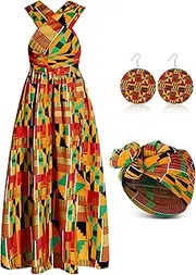 [Haysandy] 3 Pcs Women African Print Traditional Costume Set Boho Casual Dress Headwraps Scarf Drop Dangle Earrings