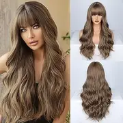 Long Wavy Brown Ombre Hair Wig Wigs For Women Natural Synthetic Hair Heat-Resistant Wig With Bangs Daily Party Use 24 Inches