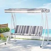 Gardeon Outdoor Swing Chair, 3 Seater Cotton Garden Bench Hanging Seat, Patio Baconly Furniture Chairs, with Adjustable Canopy Cushions Stand Water Resistant 250kg Capacity White Grey