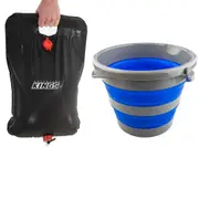 Adventure Kings Collapsible 10L Bucket Compact + 20L Camping Solar Shower Bag