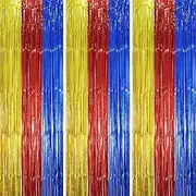 [Voircoloria] 3 Pack 3.3 x 8.2 ft Blue Red Gold Foil Fringe Backdrop Curtains, Tinsel Streamers Party Decorations, Fringe Backdrop, Door Shimmer for Birthday Party