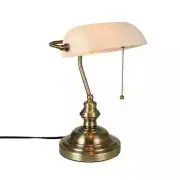 Matte White Glass Bankers Desk Lamp with Pull Chain Switch,Satin Brass Finish