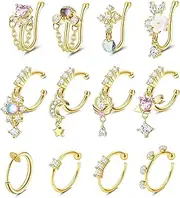 [DOLOTTA] 12Pcs Fake Nose Ring Hoop for Women Men CZ Dangle Fake Nose Ring Clip on Nose Ring Cartilage Tragus Ring Nose Cuff Non Piercing Jewelry Gold, Copper, Stainless Steel