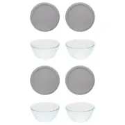 Pyrex 7402 6-Cup Sculpted Glass Bowls and 7402-PC Rainstorm Blue Lids (4-Pack)