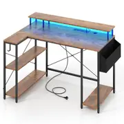 Costway 120cm L Shaped Corner Gaming Desk w/LED Light/Power Outlet Remote Control Storage Computer Desk Brown