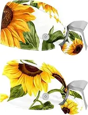 [YTYVAGT] 2-Pc,Nurse Scrub Caps,Scrub Hats with Buttons and Cotton Sweatband,Floral Sunflower Pattern