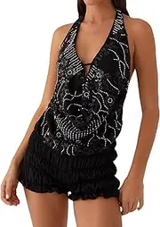 [Yiulangde] Women Sequin Beaded Halter Cami Top Low Cut Cowl Neck Sleeveless Sparkly Tank Top Y2k Backless Glitter Party Tops