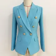 Women's Luxury Designer Inspired Blue Fitted Blazer Golden Buttons Coat