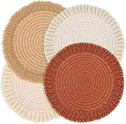 13 Inch Fall Round Cotton Placemat Set of 4 Boho Placemats Table Mats Woven Washable Table Placemats for Fall Kitchen Dining Home Farmhouse Thanksgiving Christmas Decoration Heat Resistant Place Mat