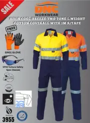 DNC Mens Work HV Safety Cool Breeze Cotton Coverall RT Free Glove Glasses 3955