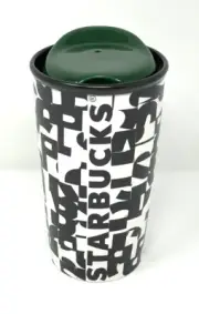 2014 Starbucks Black & White Pattern with Green Lid 10 oz Ceramic Travel Cup New
