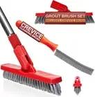 Grout Brush with Long Handle & Hard Bristle Crevice Cleaning Brush, Red