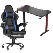 Advwin 120cm Black Gaming Desk RGB LED Light & Gaming Chair with Footrest Blue