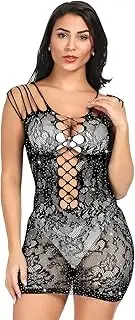 [UAREBST] Rhinestone Fishnet Sparkly Sexy Bodysuit Womens Black Fishnet Lingerie Mesh Chemise Babydoll Bodysuit, Black, One size
