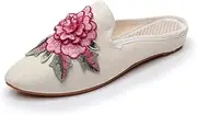 GHAKKE Women's Chinese Style Peony Floral Embroidery Mule Shoes Pointed-Toe Comfort Satin Loafers Slip On Casual Flat Shoes Summer Closed Toe Slippers(White,6.5)