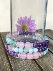 Rose Quartz Amazonite Lepidolite Bracelet 925 Sterling Silver