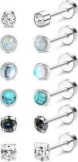 [Fansilver] Titanium Earrings for Women Men G23 Titanium Stud Earrings for Sensitive Ears Opal Turquoise Moonstone Cubic Zirconia Titanium Earrings Studs Hypoallergenic 20G Flat Back Stud Earrings Set