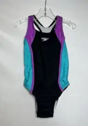 NWT SPEEDO One Piece Athletic Fully UnderLined Blk/Prpl/Grn Swimsuit, XS 4/5