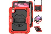iPad Mini 7 2024 8.3 Inch Case with Screen Protector Hand Strap Stand & Shoulder Strap-Red&Black