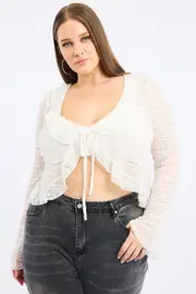 White Textured Lace Knit Tie Front Bolero Cardigan