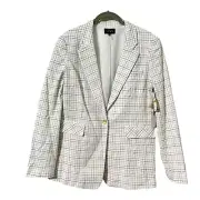 1. State Blazer Jacket Womens Size 14 White Cream Windowpane Plaid Long Sleeve