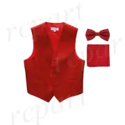 New Men's Formal Vest Tuxedo Waistcoat_bowtie & hankie set stripe wedding red
