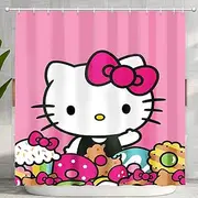 [Adorila] Hello Kitty Shower Curtain, 71" x 71" Waterproof Fabric Shower Curtains for Bathroom, Washable Cartoon Cat Bath Curtain with 12 Hooks