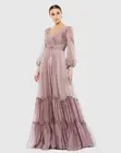 Mac Duggal Size 18 Mauve 678641 Bishop Sleeve Tiered Gown Formal Maxi Dress Prom