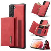 DG MING For Samsung Galaxy S21 Premium Trifold Wallet Leather Case With 2-in-1 Magnetic Detachable Card Holder Pocket Cover - Red