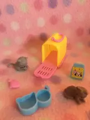 Doll Dollhouse Kitten Cats Pet Carrier Food Water Dish & Fish & Toy #6 Set New