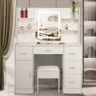 Dressing Table Stool Set Makeup Mirror Vanity Desk with 5 Drawers Cabinet White