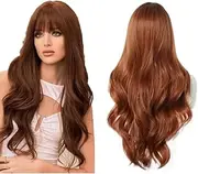 Long Natural brown Wig With Bang Long Curly Wavy Wigs For Women Looking brown Wigs Natural Roots Looking For Women Daily Party Use