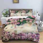 v2512 Bed Sheets Cat Print Duvet Cover Floral Bedding Set Twin Full For Girls Boys Room Decor Luxury Microfiber Funny Animal Quilt Cover 3-Piece Beddi