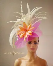 Kentucky Derby Hat Hot Pink Cream Orange Big Royal Ascot Fascinator Del Mar Hat