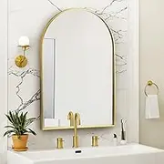 Arched Wall Mirror 90x60cm Arch Bathroom Mirror Wall Mounted Vanity Mirror with Arch Metal Frame Modern Bathroom Vanity Mirror for Bedroom Living Room Hanging or Leaning Gold