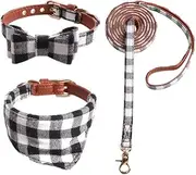 3 PCS Dog Collars for Small Puppy Collar and Leash Set, Bow Tie with Bell, Bandana Leather for Small Dogs Puppies and Cats (Black, S)