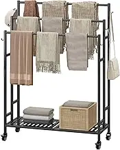 SORCEDAS Towel Rack 3 Tier Free Standing Metal Towel Stand with Storage Shelf and Wheel for Extra Large Towel Blanket Drying (Black)