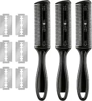 3 Pieces Hair Cutting Comb Set with 10 Razors, Double Edge Razor, Thinning Comb for Slim Haircuts