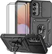 [Dechyi] Case for Samsung Galaxy A14 4G/5G with Tempered Glass Screen Protector Protective Case with Camera Slider Case 360° Rotating Military Stand Shockproof Cover Black