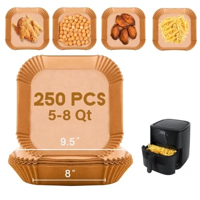 Disposable Paper Liner Square 250 Pcs for 5 to 8 Qt Air Fryer Baskets, Non-st...
