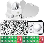 HMKIS Jewelers Loupe, 2 Pack Magnifying Glass with Light, 30X 60X 90X Jewelers Loop Magnification with 20 Backup Batteries for Coin, Diamonds, Gems, Jewelry, Stamps Close Work (White)
