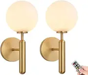 Wall Sconces Battery Operated Set of 2,Wireless Wall Lights with Remote,Modern Globe Glass Wall Sconce Lighting Gold Wall Lamp Decor for Bedroom Vanity Living Room