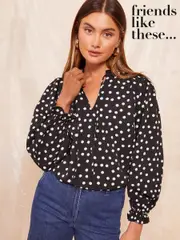 Friends Like These Black & White Long Sleeve Tie Blouse (AJ9926) | $62