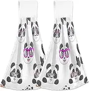 RPLIFE Cute Funny Pandas White Bathroom Towel with Loop, Soft Absorbent Set 2 Hanging Towels, 18.2 x 14 Inch
