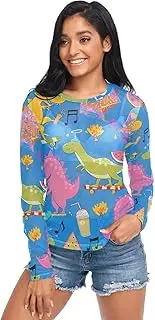 [RPLIFE] Colorful Cartoon Dinosaurs Blue Long Sleeve Fishnet Top, Fancy Long Sleeve Shirts for Women S-XXL