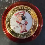 2023 FOUR QUEENS $10 RED Cap Silver Strike Lady Ornament Xmas Jan Release .999