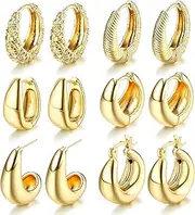 [Sanfenly] 6 Pairs Gold Chunky Hoop Earrings Set 14K Gold Hoop Earrings for Women Hypoallergenic Thick Open Hoops Earring Twist Huggie Hoop Earring