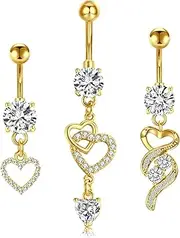 [Crdifu] 14G Belly Button Piercing Gold Hanging 10 mm Belly Button Piercing Made of 316L Stainless Steel with Heart Pendant, Set of 3 Piercing Belly Button Banana Bell Piercing Crystals