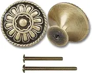 trust4care 9-Pack of Antique Brass Kitchen Cabinet Knobs Pull - Vintage Aged Drawer and Dresser Round Handles Knobs - Antique Brushed Gold Knobs with Floral for Rustic Touch
